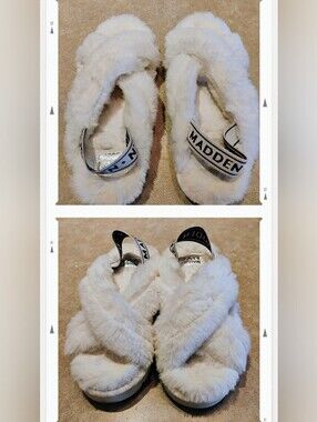Steve Madden White Faux Fur Crisscross Slide Slippers